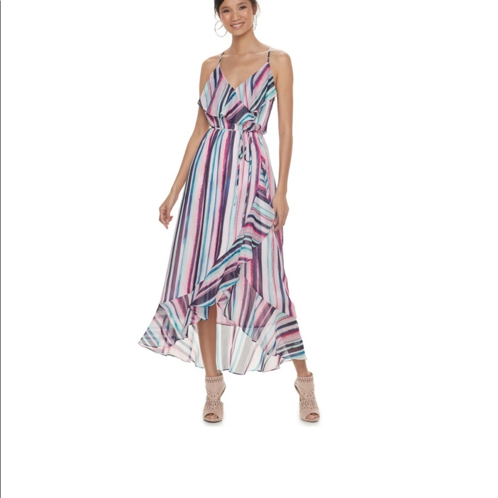 Jennifer Lopez Faux Wrap Ruffle Striped Dress NWT